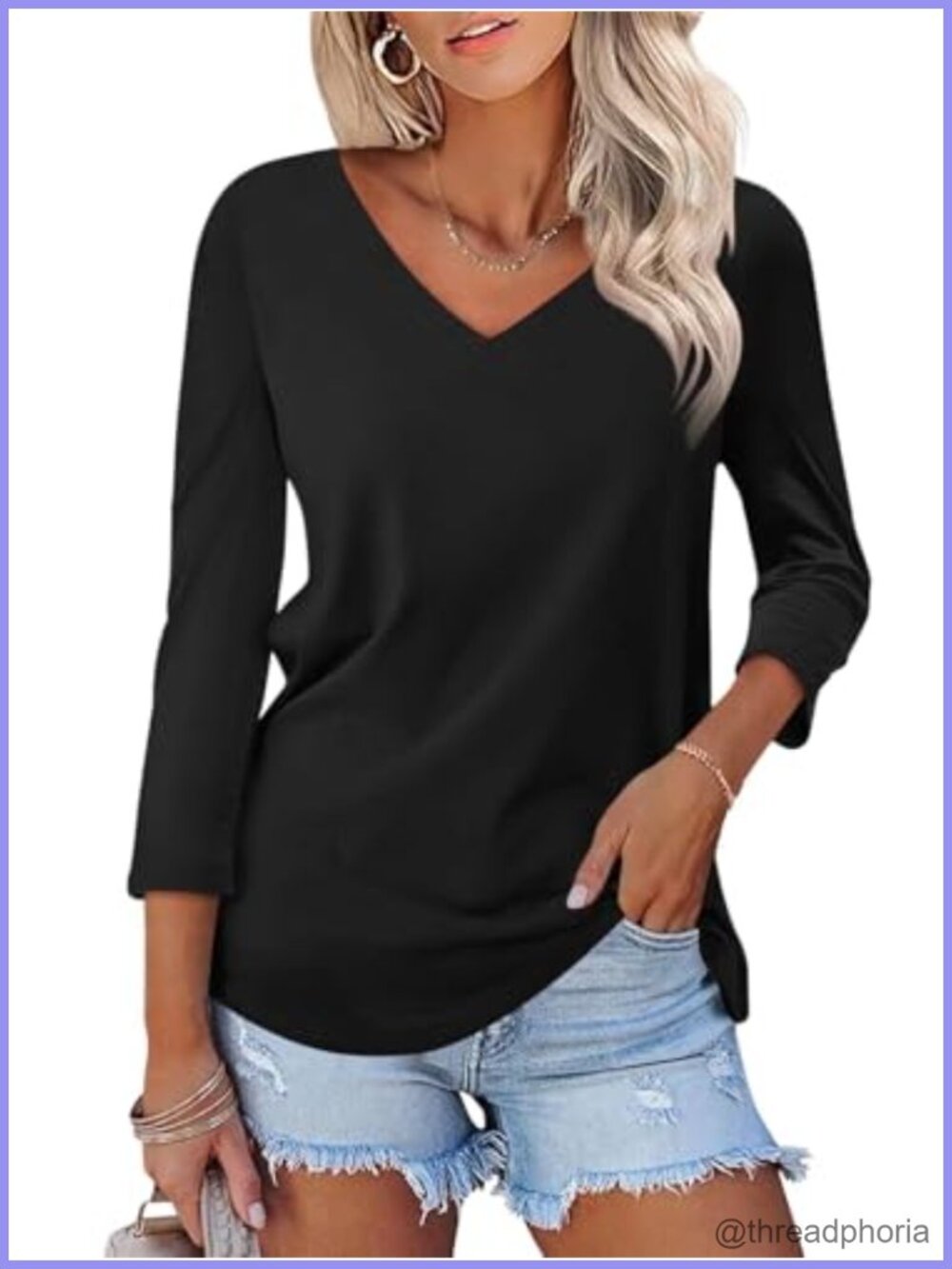 Women's V Neck 3/4 Sleeve T Shirt Casual Basic Relaxed Fit Summer Tee